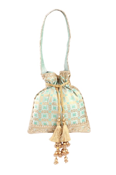 Shop Fuchsia by aashaka mehta Green Embroidery, Tassels Banaras Vintage Pattern Woven Potli Bag at Aza Fashions Shop_Fuchsia by aashaka mehta_Green Embroidery, Tassels Banaras Vintage Pattern Woven Potli Bag _at_Aza_Fashions