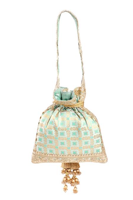 Buy Fuchsia by aashaka mehta Green Embroidery, Tassels Banaras Vintage Pattern Woven Potli Bag Online at Aza Fashions Buy_Fuchsia by aashaka mehta_Green Embroidery, Tassels Banaras Vintage Pattern Woven Potli Bag _Online_at_Aza_Fashions