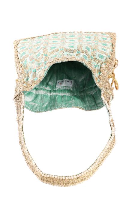 Shop Fuchsia by aashaka mehta Green Embroidery, Tassels Banaras Vintage Pattern Woven Potli Bag Online at Aza Fashions Shop_Fuchsia by aashaka mehta_Green Embroidery, Tassels Banaras Vintage Pattern Woven Potli Bag _Online_at_Aza_Fashions