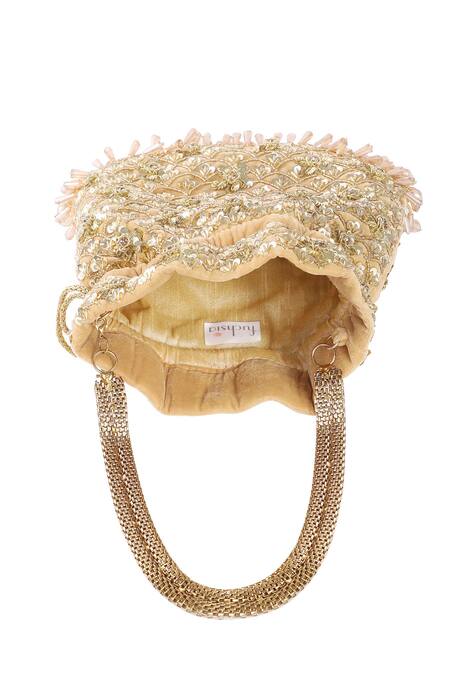 Shop_Fuchsia by aashaka mehta_Gold Sequins, Beads, Zari Maharani Embroidered Potli Bag _Online_at_Aza_Fashions