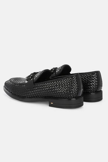 Shop_Lafattio_Black Textured Leather Loafers _Online_at_Aza_Fashions
