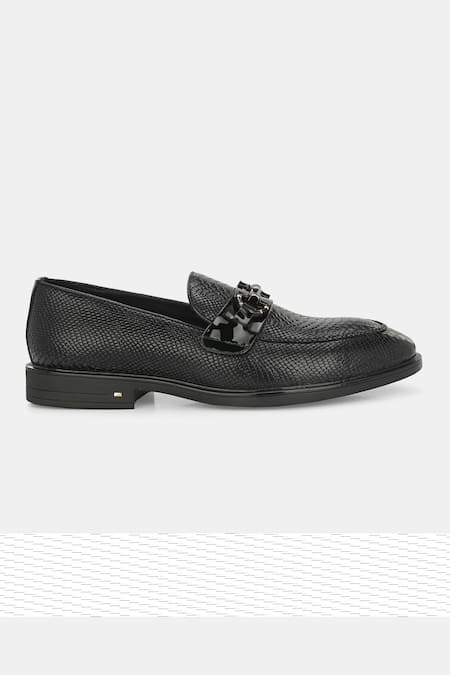 Shop_Lafattio_Black Textured Leather Loafers _Online_at_Aza_Fashions