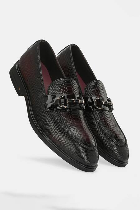 Lafattio_Red Textured Leather Animal Loafers  _at_Aza_Fashions