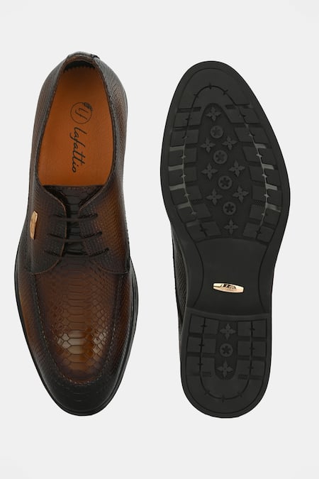 Shop_Lafattio_Brown Textured Leather Lace-up Shoes  _Online_at_Aza_Fashions