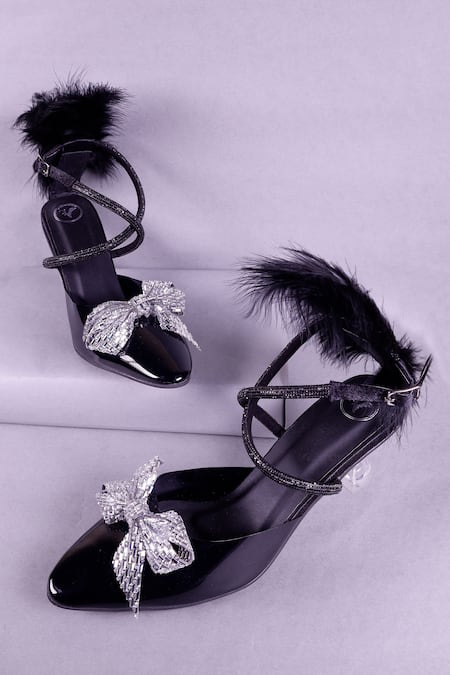 Sana K luxurious Footwear Black Embellished Rhinestone Bow Heels 