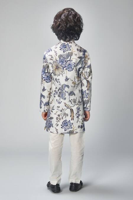 Shop_Bal Bachche By Rohit Bal_Ivory Chanderi Embroidery Botanical Print Kurta Set_at_Aza_Fashions