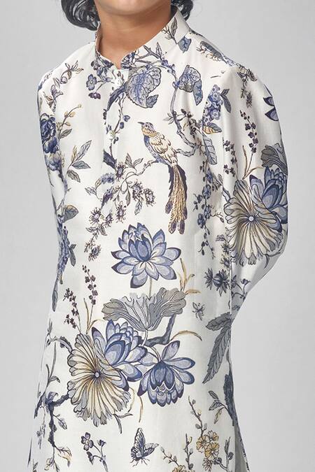 Bal Bachche By Rohit Bal_Ivory Chanderi Embroidery Botanical Print Kurta Set_Online_at_Aza_Fashions
