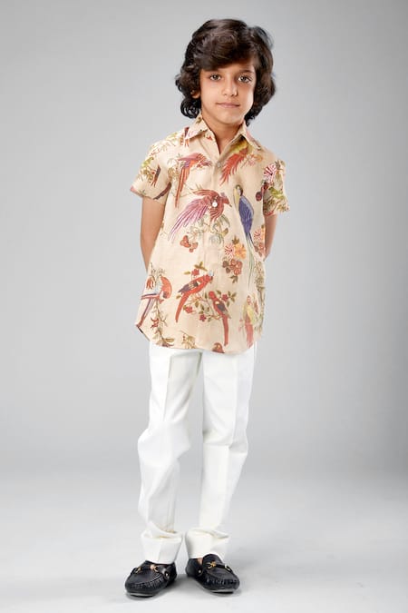 Bal Bachche By Rohit Bal Birds Print Linen Shirt 