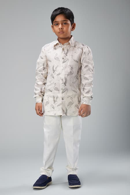 Bal Bachche By Rohit Bal Swan Print Linen Shirt 