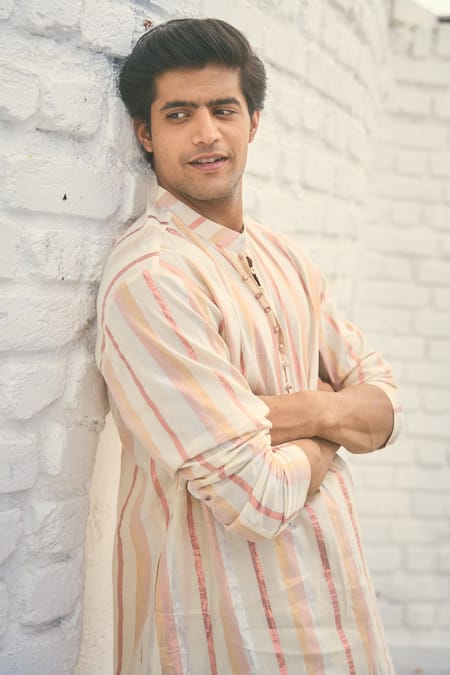 Shop Nafs Multi Color Cotton Stripe Pattern Kurta Set at Aza Fashions Shop_Nafs_Multi Color Cotton Stripe Pattern Kurta Set _at_Aza_Fashions