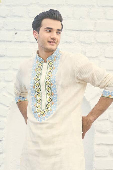 Shop Nafs Off White Cotton Embroidery Thread Yoke Kurta Set at Aza Fashions Shop_Nafs_Off White Cotton Embroidery Thread Yoke Kurta Set_at_Aza_Fashions