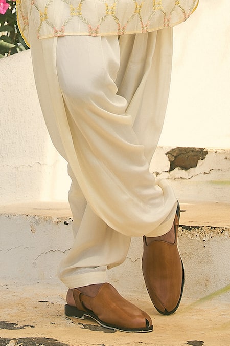 Nafs_Off White Chanderi Embroidery Pathani Kurta Set_Online_at_Aza_Fashions