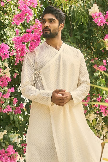 Shop Nafs Off White Chanderi Angarkha Style Kurta Set at Aza Fashions Shop_Nafs_Off White Chanderi Angarkha Style Kurta Set _at_Aza_Fashions