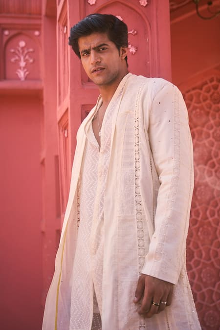 Shop_Nafs_Off White Cotton, Jacquard Embroidery, Lace Jacket Kurta Set _at_Aza_Fashions