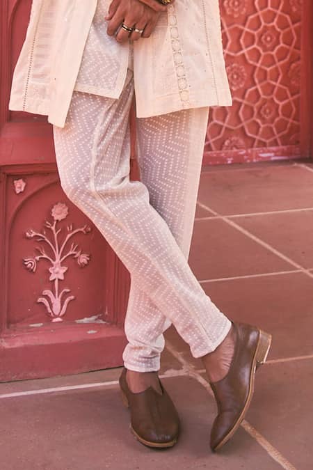 Nafs_Off White Cotton, Jacquard Embroidery, Lace Jacket Kurta Set _Online_at_Aza_Fashions
