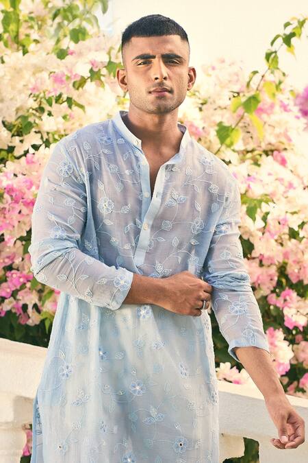 Shop Nafs Blue Chanderi Embroidery Floral Applique Kurta Set at Aza Fashions Shop_Nafs_Blue Chanderi Embroidery Floral Applique Kurta Set_at_Aza_Fashions