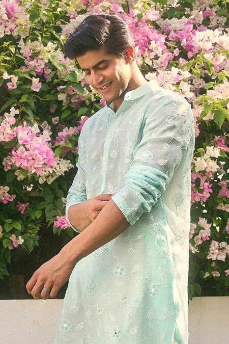 Shop_Nafs_Blue Chanderi Embroidery, Mirrors, Sequins Bloom Applique Kurta Set_at_Aza_Fashions