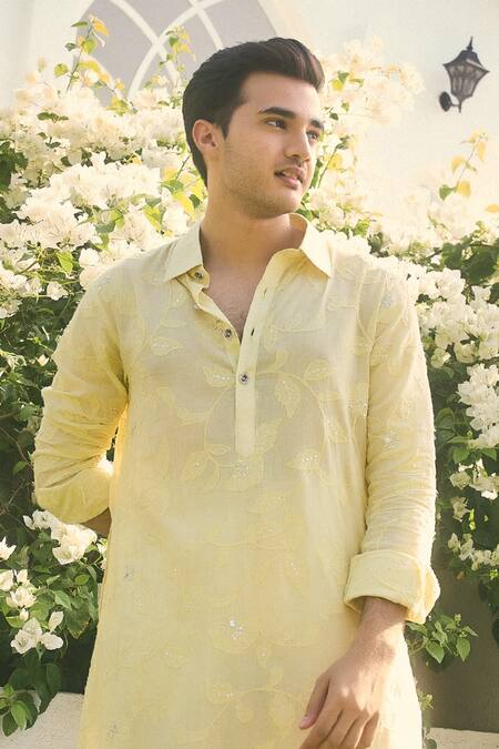 Shop Nafs Yellow Cotton Mirrors, Sequins, Zari Floral Applique Kurta Pant Set at Aza Fashions Shop_Nafs_Yellow Cotton Mirrors, Sequins, Zari Floral Applique Kurta Pant Set_at_Aza_Fashions