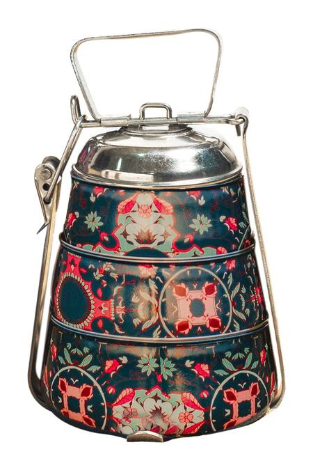 Living With Elan Multi Color Stainless Steel Vintage Tantraa Conoid Pyramid Tiered Tiffin Box