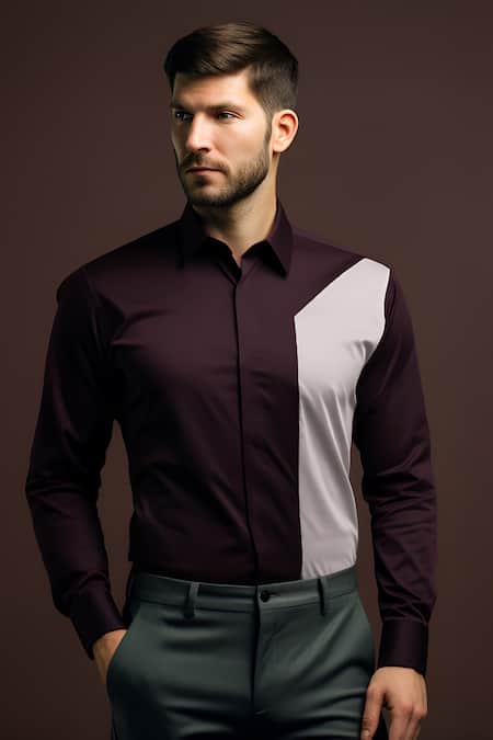 Buy_Hespoke_Maroon Cotton Placed Colourblock Shirt_Online_at_Aza_Fashions