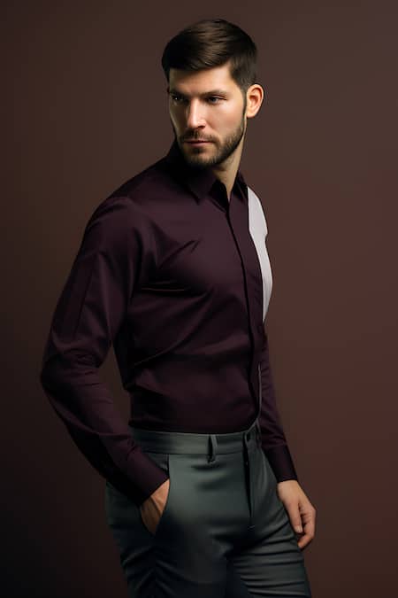 Shop_Hespoke_Maroon Cotton Placed Colourblock Shirt_Online_at_Aza_Fashions