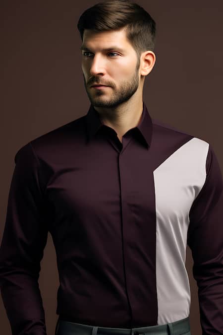Hespoke_Maroon Cotton Placed Colourblock Shirt_at_Aza_Fashions