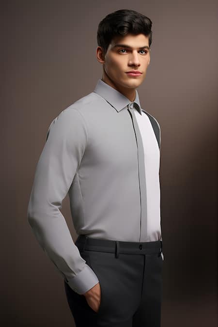 Buy_Hespoke_Grey Cotton Dual Color Block Shirt_Online_at_Aza_Fashions