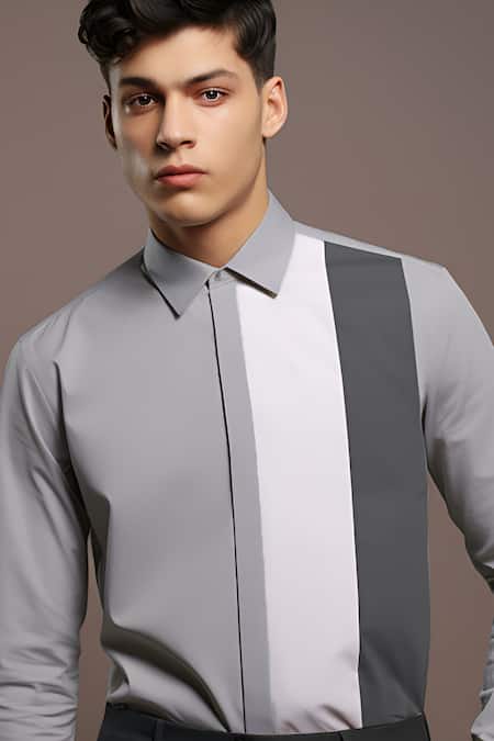 Shop_Hespoke_Grey Cotton Dual Color Block Shirt_Online_at_Aza_Fashions