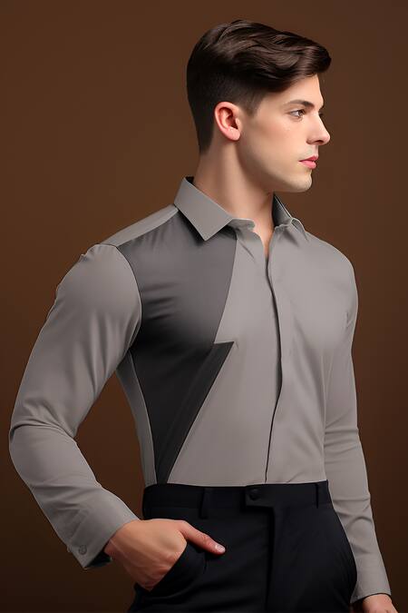 Hespoke_Grey Cotton Marble Colorblock Shirt _Online_at_Aza_Fashions