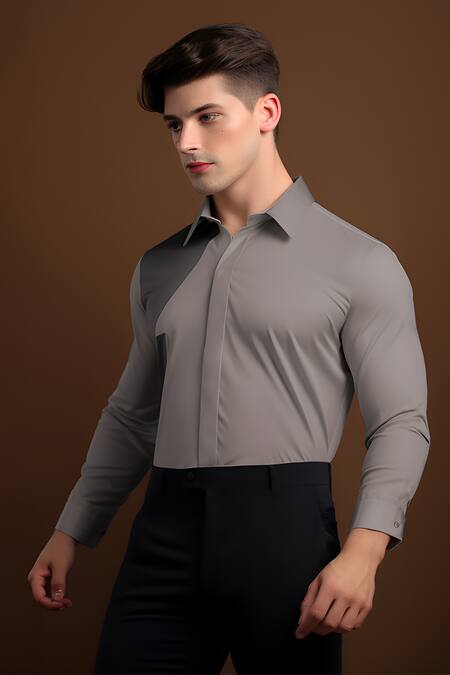 Buy_Hespoke_Grey Cotton Marble Colorblock Shirt _Online_at_Aza_Fashions