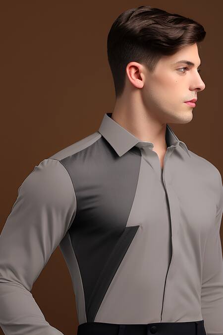 Shop_Hespoke_Grey Cotton Marble Colorblock Shirt _Online_at_Aza_Fashions