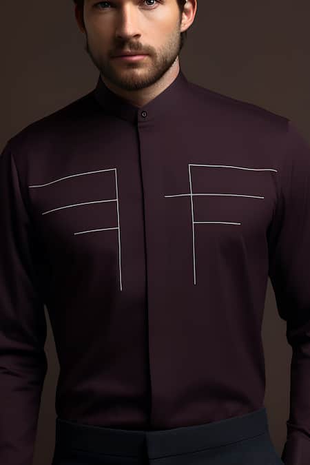 Hespoke_Maroon Cotton Embroidery Mandarin Collar Shirt_at_Aza_Fashions