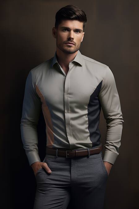 Hespoke_Grey Cotton Patchwork Color Sides Work Shirt_Online_at_Aza_Fashions