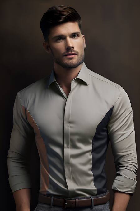 Buy_Hespoke_Grey Cotton Patchwork Color Sides Work Shirt_Online_at_Aza_Fashions