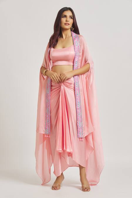 Buy_Sheela Suthar_Pink Satin Sequins, Beads Scoop Draped Dhoti Skirt Set With Embroidered Cape _Online_at_Aza_Fashions