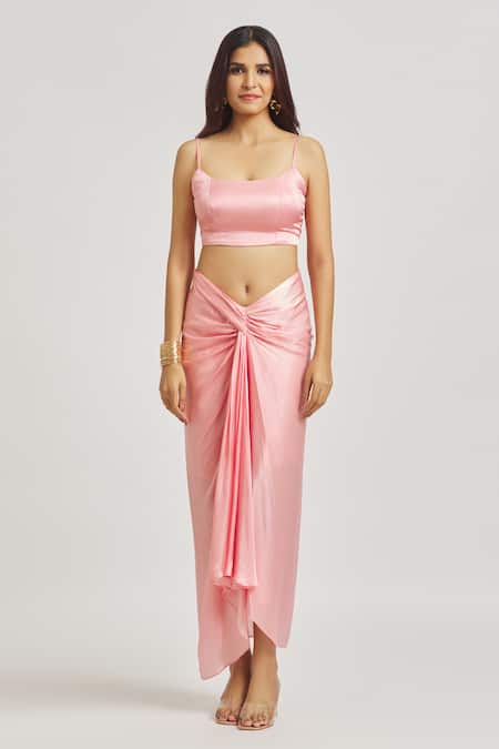 Sheela Suthar_Pink Satin Sequins, Beads Scoop Draped Dhoti Skirt Set With Embroidered Cape _at_Aza_Fashions