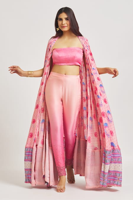 Sheela Suthar Pink Satin Embroidered Sequins Bralette Ombre Pant Set With Printed Shrug 