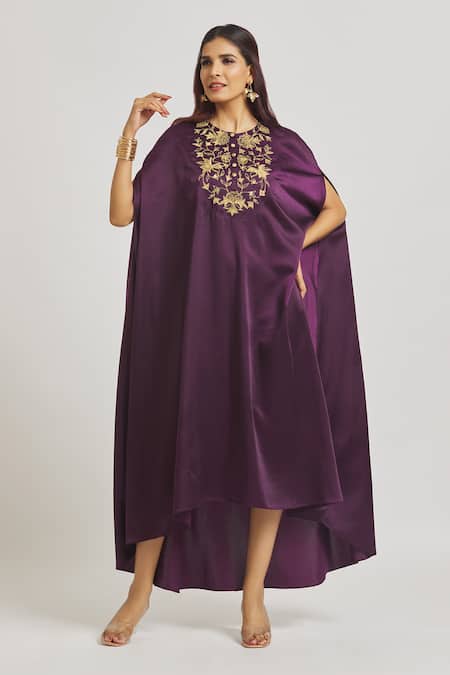 Sheela Suthar Purple Satin Embroidered Zardozi Floral Patterns Round Yoke Dress 