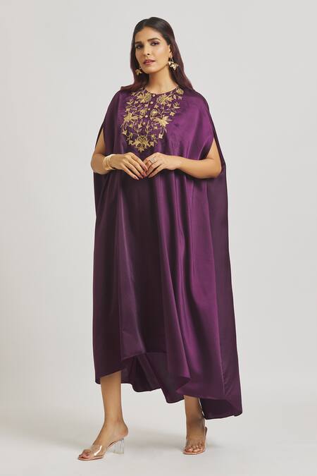 Buy_Sheela Suthar_Purple Satin Embroidery Round Neck Yoke Dress _Online_at_Aza_Fashions