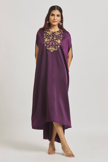 Shop_Sheela Suthar_Purple Satin Embroidery Round Neck Yoke Dress _Online_at_Aza_Fashions