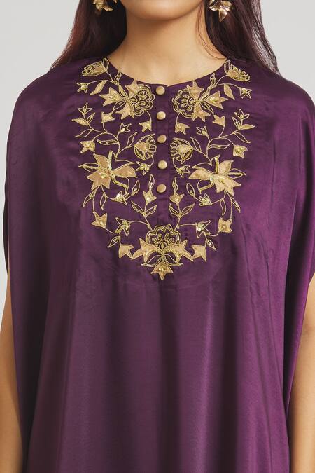 Sheela Suthar_Purple Satin Embroidery Round Neck Yoke Dress _at_Aza_Fashions