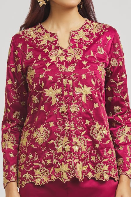 Sheela Suthar_Red Satin Embroidery Split V-neck Floral Jacket Top And Pant Set _Online_at_Aza_Fashions