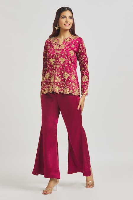 Buy_Sheela Suthar_Red Satin Embroidery Split V-neck Floral Jacket Top And Pant Set _Online_at_Aza_Fashions