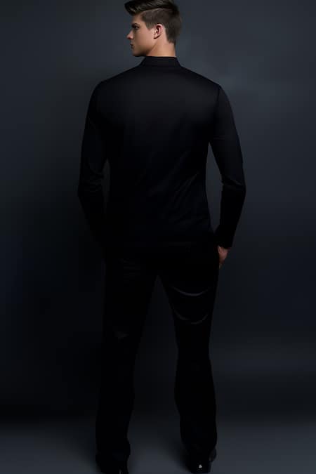 Shop_Hespoke_Black Cotton Cutlines Pleated Striped Shirt _at_Aza_Fashions