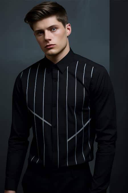 Buy_Hespoke_Black Cotton Cutlines Pleated Striped Shirt _Online_at_Aza_Fashions