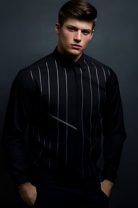 Shop_Hespoke_Black Cotton Cutlines Pleated Striped Shirt _Online_at_Aza_Fashions