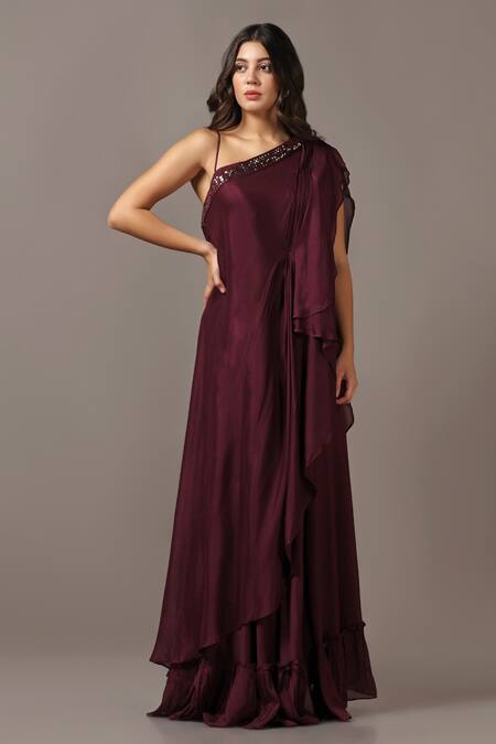 Two Sisters By Gyans_Wine Chiffon Sequins One Shoulder Embroidered Gown _at_Aza_Fashions