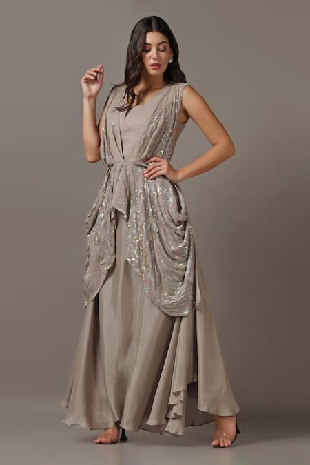 Two Sisters By Gyans Sequin Embroidered Draped Gown 