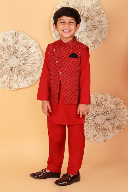 LIL DRAMA Red Cotton Printed Stripe Jacket And Kurta Set 