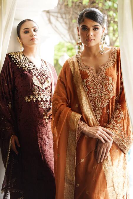 Buy_Gul By Aishwarya_Gold , Satin, Organza Embroidery Round Neck, Straight Kurta Pant Set _Online_at_Aza_Fashions